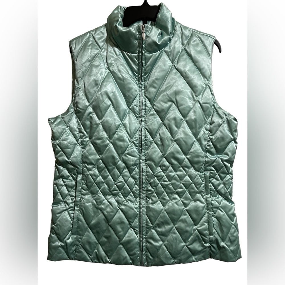 Lands End Women’s Goose Down Satin Aqua Blue Diamond Quilted Puffer Vest Size L
